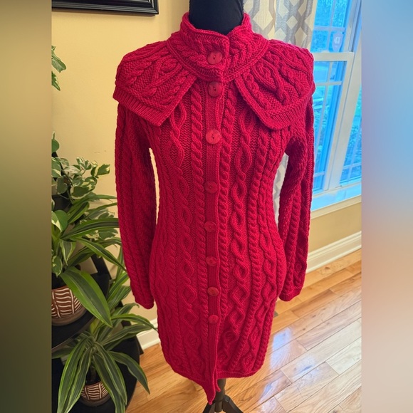 Aran Crafts Ireland Merino Wool Cable Knit Long Cardigan Red Women’s Sz XS NWOT - Picture 1 of 13